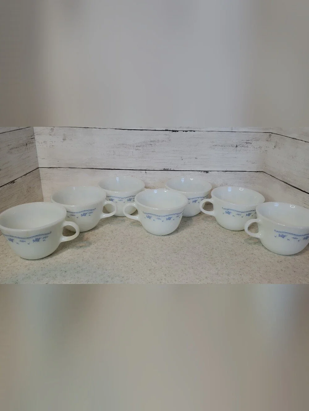 Vintage Pyrex Corning Morning Blue Morning Star Coffee Cups Set of 7 Milk Glass